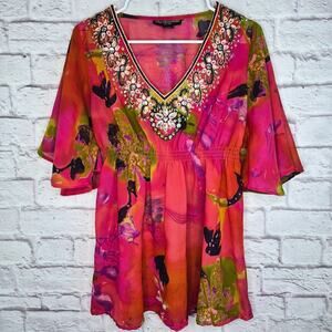 Mix Nouveau Y2K Embellished Tunic Top Size S Whimsigoth Floral Beaded Sheer Pink